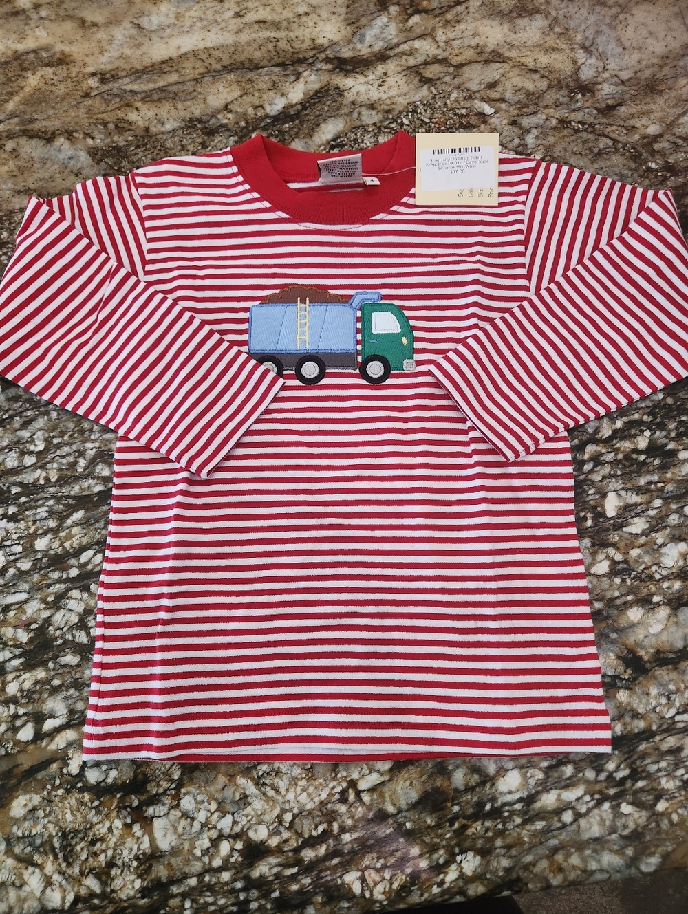 Red & White Striped Long Sleeve Kids Tee with Truck Applique